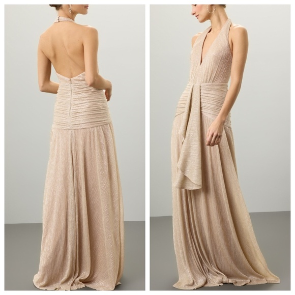 PatBo Gold Lurex Draped Maxi Halter Ruched Metallic Gown Dress - Size 4 - Picture 1 of 12
